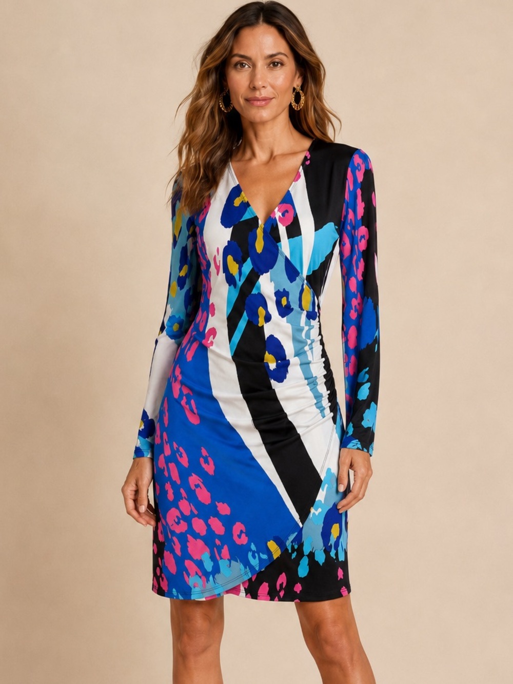 Hale Bob Abstract Print Ruched Faux Wrap Jersey Dress, Blue Pink Black | Size XS